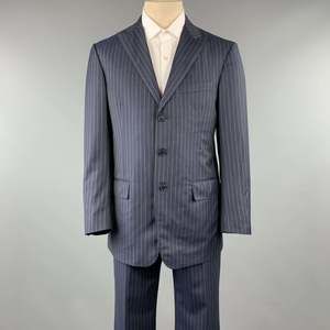DAVID AUGUST Navy & Gray Stripe Wool Peak Lapel 34 x 30 Suit